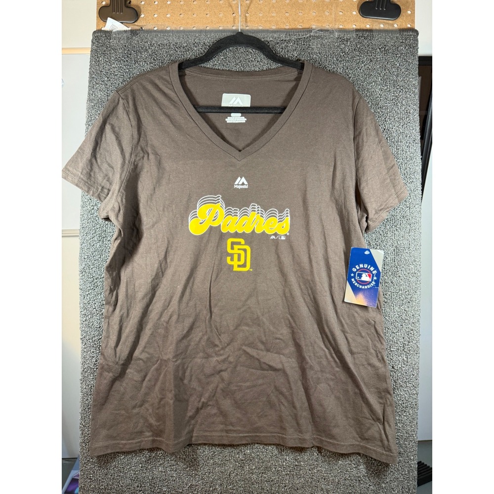 Majestic San Diego Padres T-Shirt Womens XL Brown MLB Graphic V-Neck Tee